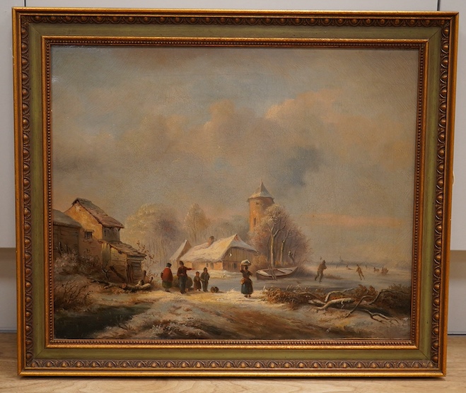 19th century Dutch School, oil on canvas, Skaters in a winter landscape, unsigned, 35 x 44cm, ornately framed. Condition - fair, craquelure throughout